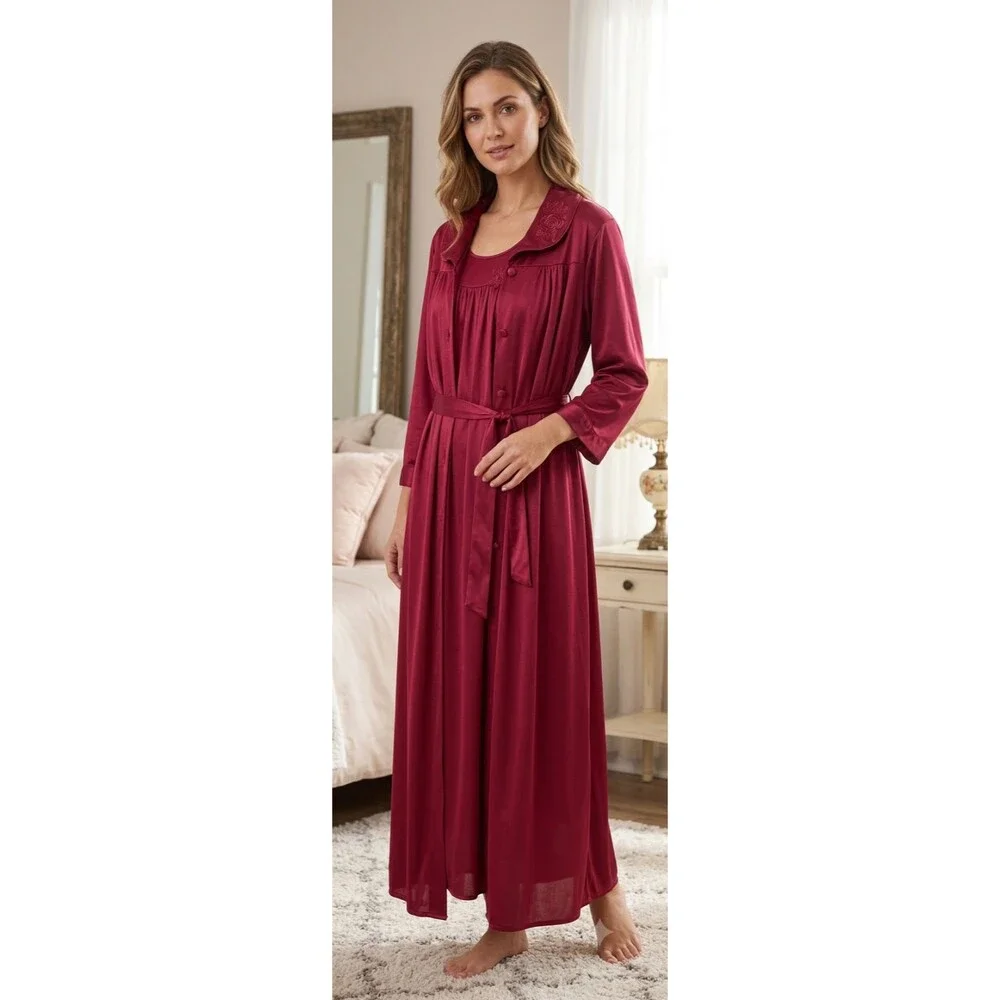 Vintage Lorraine Red Nightgown & Robe S Rose Embroidery Satin Nylon Made in USA